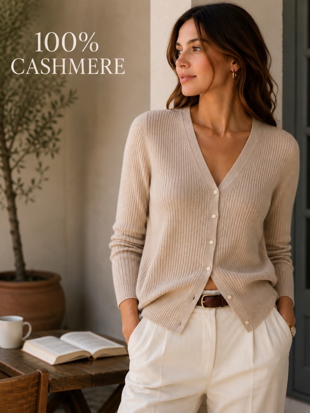 Banana Republic 100% Cashmere Ribbed Cardigan Sweater Beige Button Front Small - Picture 1 of 7